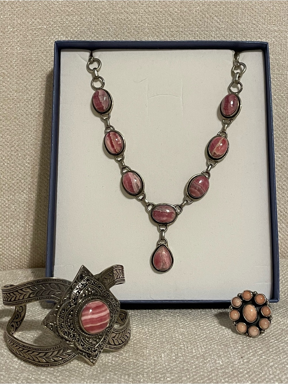 Sterling Silver Pink Rhodochrosite Necklace and Cuff Bracelet Set with Ring